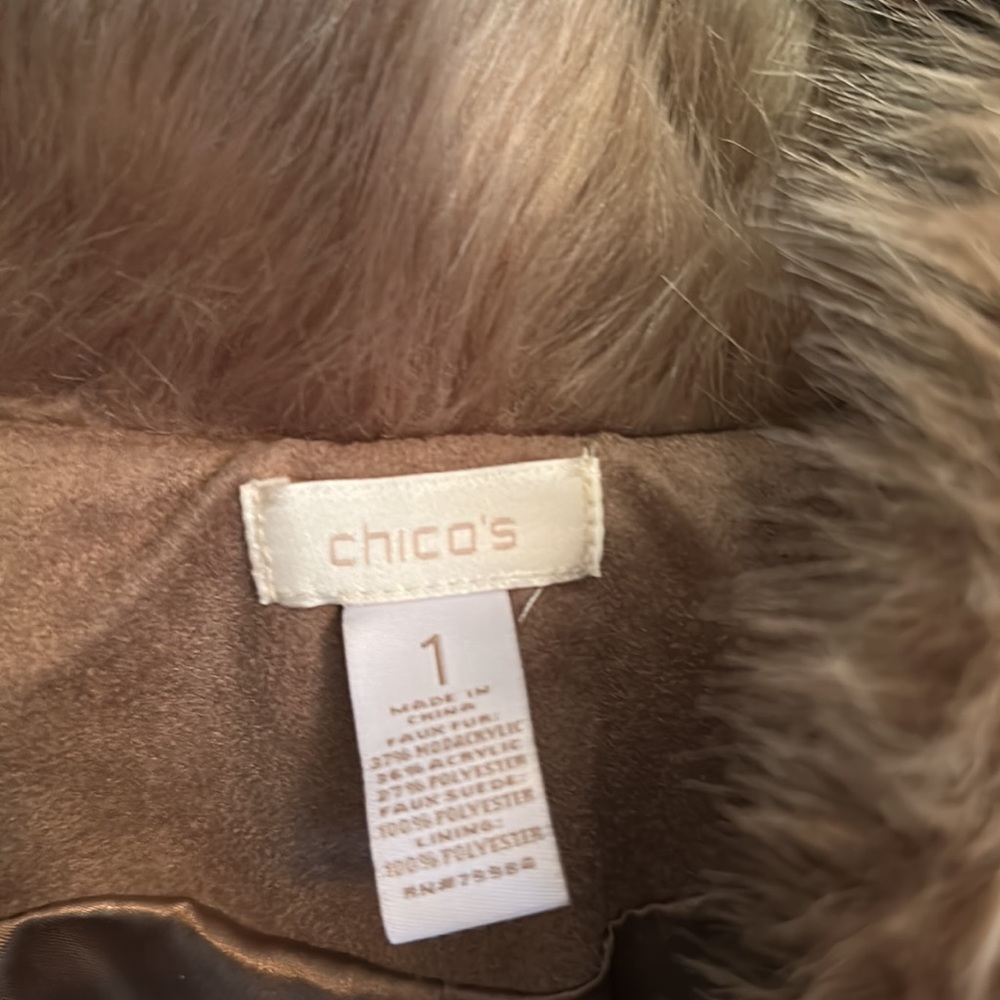 CHICOS Faux Suede Fur Jacket Burlywood Brown Size 1 or 8 fully lined - Picture 3 of 10